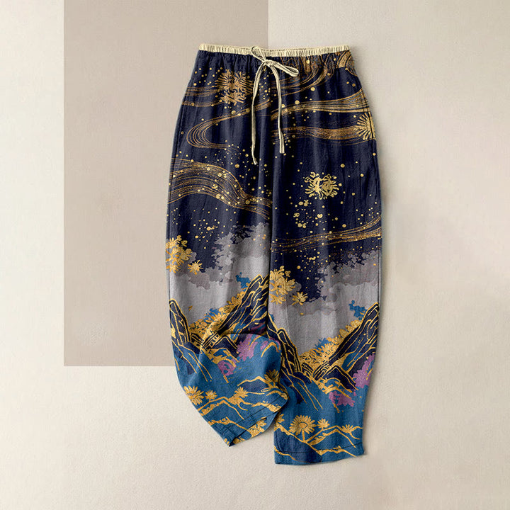 Buddha Stones Pantaloni da donna in puro cotone con elastico in vita e tasche, fantasia a petali di fiori. - Blu notte - US16, UK/AU20, EU48 (3XL) - image 4