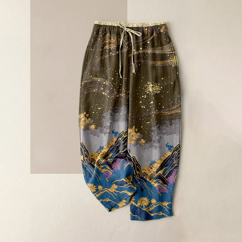 Buddha Stones Pantaloni da donna in puro cotone con elastico in vita e tasche, fantasia a petali di fiori. - Verga d'oro scura - US16, UK/AU20, EU48 (3XL) - image 8