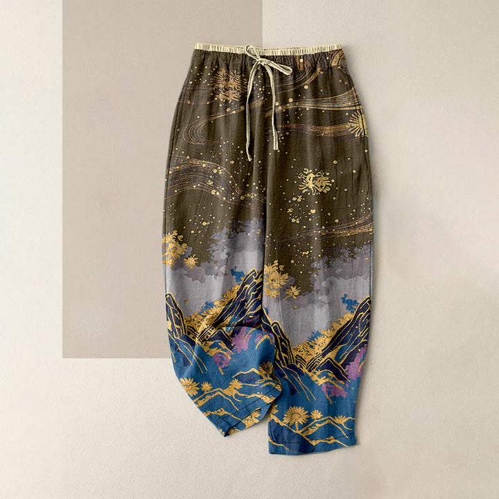 Buddha Stones Pantaloni da donna in puro cotone con elastico in vita e tasche, fantasia a petali di fiori. - Verga d'oro scura - US16, UK/AU20, EU48 (3XL) - image 8