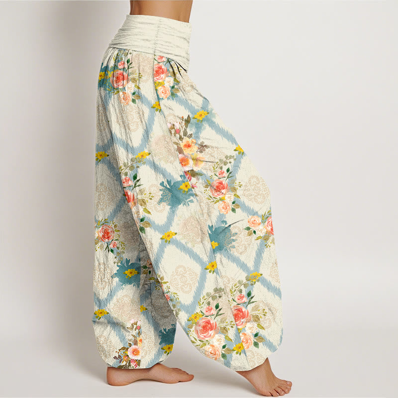 Buddha Stones Pantaloni harem da donna in cotone con motivo floreale geometrico e colorato a rose e vita elasticizzata. - image 2