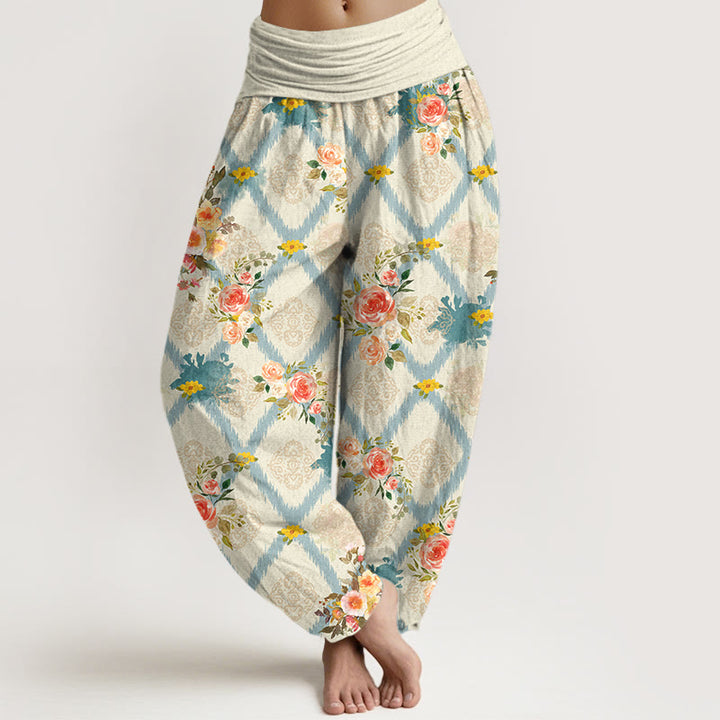 Buddha Stones Pantaloni harem da donna in cotone con motivo floreale geometrico e colorato a rose e vita elasticizzata. - Conchiglia - US16, UK/AU20, EU48 (3XL) - image 0