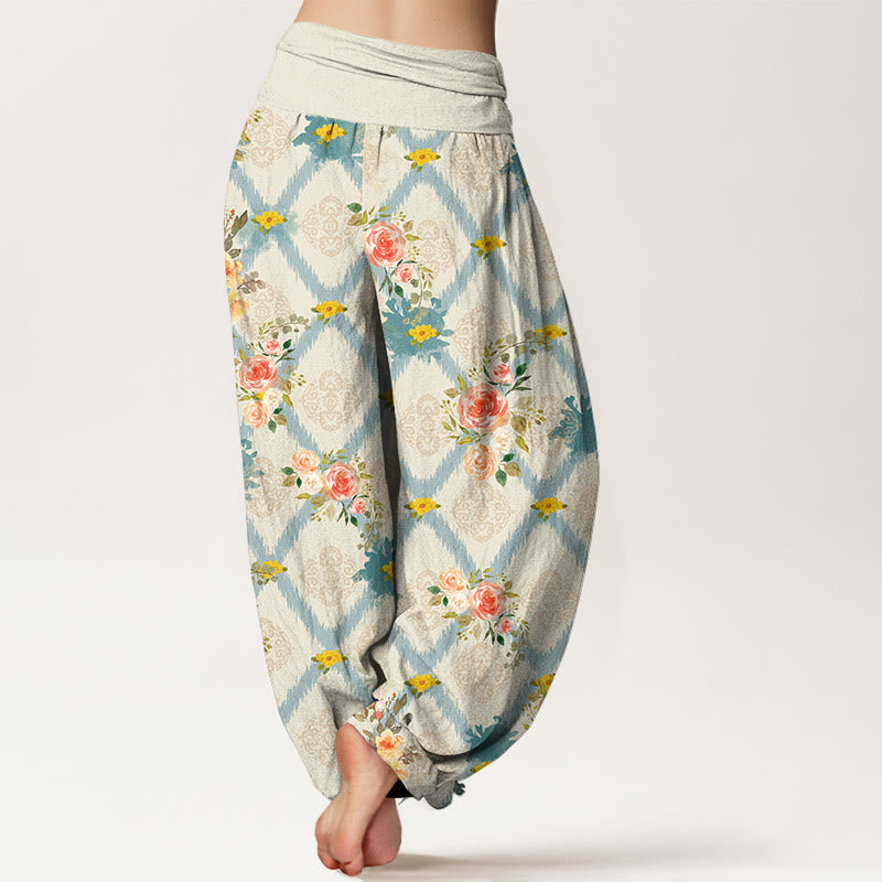 Buddha Stones Pantaloni harem da donna in cotone con motivo floreale geometrico e colorato a rose e vita elasticizzata. - image 1