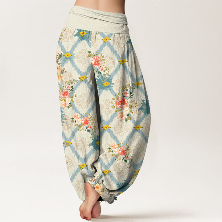 Buddha Stones Pantaloni harem da donna in cotone con motivo floreale geometrico e colorato a rose e vita elasticizzata. - image 1