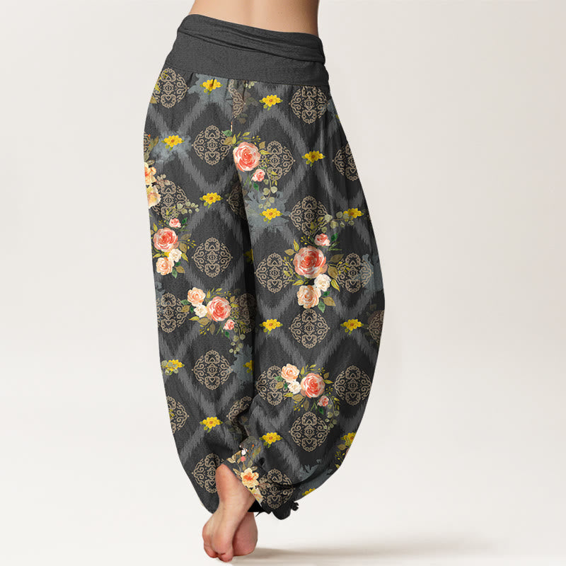 Buddha Stones Pantaloni harem da donna in cotone con motivo floreale geometrico e colorato a rose e vita elasticizzata. - image 6