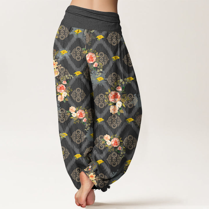 Buddha Stones Pantaloni harem da donna in cotone con motivo floreale geometrico e colorato a rose e vita elasticizzata. - image 6