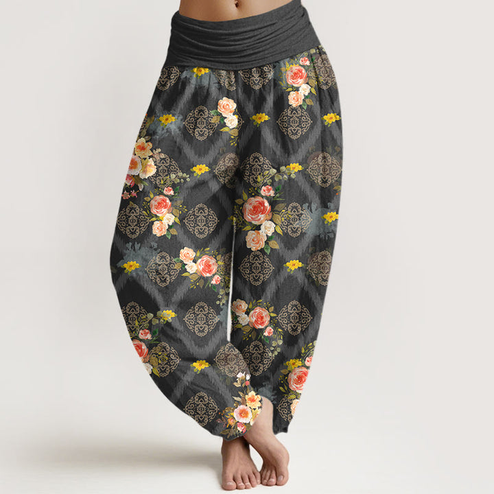 Buddha Stones Pantaloni harem da donna in cotone con motivo floreale geometrico e colorato a rose e vita elasticizzata. - Grigio tenue - US16, UK/AU20, EU48 (3XL) - image 5