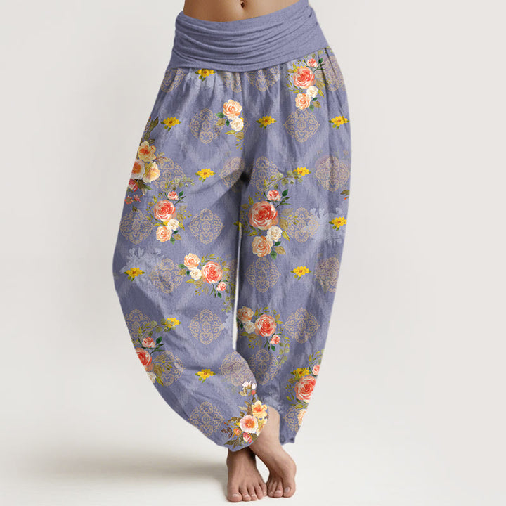 Buddha Stones Pantaloni harem da donna in cotone con motivo floreale geometrico e colorato a rose e vita elasticizzata. - Lavanda - US16, UK/AU20, EU48 (3XL) - image 8