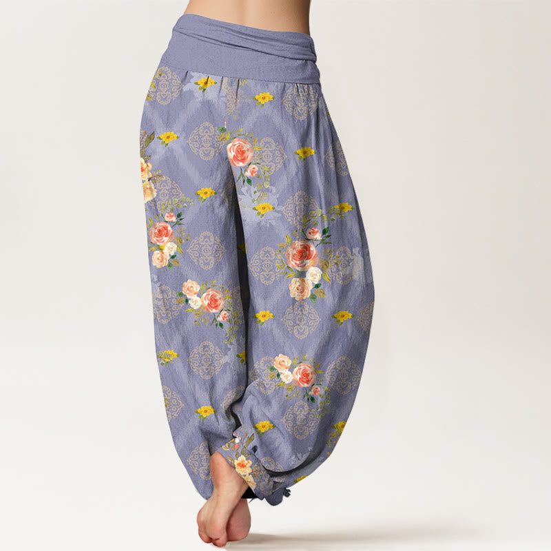 Buddha Stones Pantaloni harem da donna in cotone con motivo floreale geometrico e colorato a rose e vita elasticizzata. - image 9
