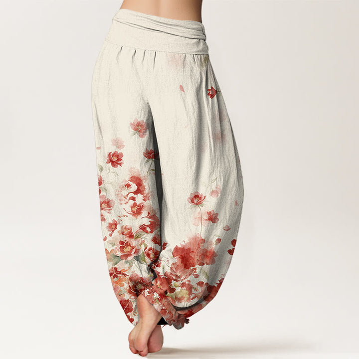 Buddha Stones Pantaloni harem da donna in cotone con motivo a fiori di camelia e peonia e vita elasticizzata. - image 1