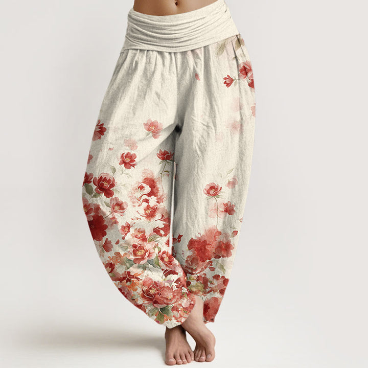 Buddha Stones Pantaloni harem da donna in cotone con motivo a fiori di camelia e peonia e vita elasticizzata. - Bianco Floreale - US16, UK/AU20, EU48 (3XL) - image 0