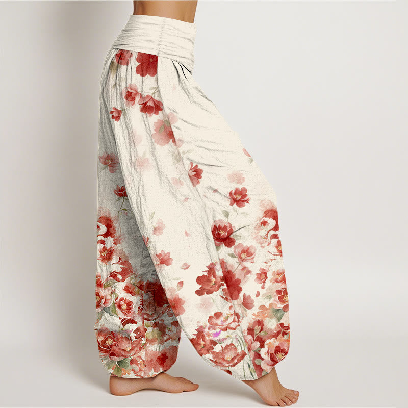 Buddha Stones Pantaloni harem da donna in cotone con motivo a fiori di camelia e peonia e vita elasticizzata. - image 2