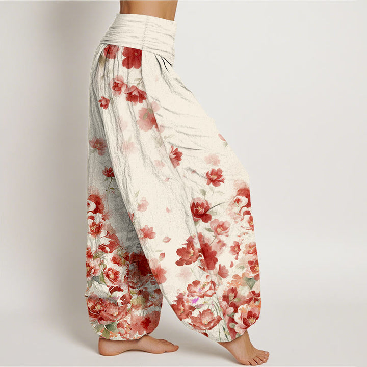 Buddha Stones Pantaloni harem da donna in cotone con motivo a fiori di camelia e peonia e vita elasticizzata. - image 2