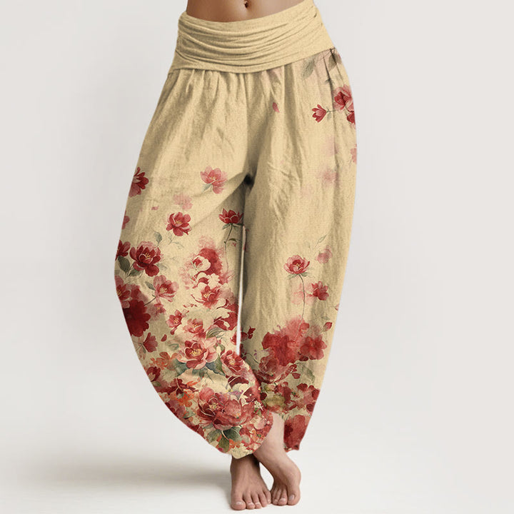 Buddha Stones Pantaloni harem da donna in cotone con motivo a fiori di camelia e peonia e vita elasticizzata. - LemonChiffon - US16, UK/AU20, EU48 (3XL) - image 5