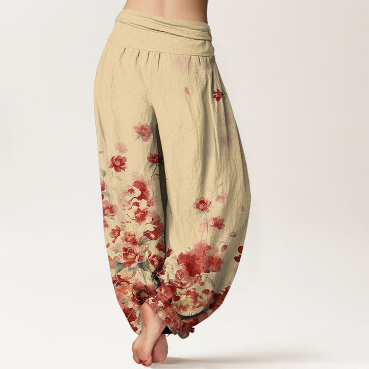 Buddha Stones Pantaloni harem da donna in cotone con motivo a fiori di camelia e peonia e vita elasticizzata. - image 6