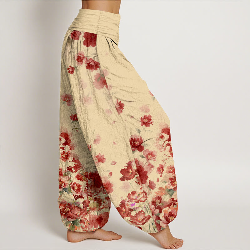 Buddha Stones Pantaloni harem da donna in cotone con motivo a fiori di camelia e peonia e vita elasticizzata. - image 7