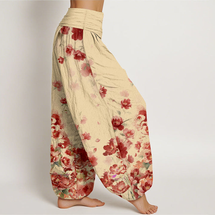 Buddha Stones Pantaloni harem da donna in cotone con motivo a fiori di camelia e peonia e vita elasticizzata. - image 7