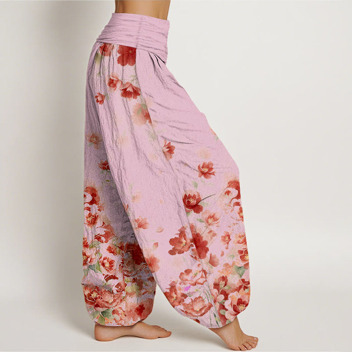 Buddha Stones Pantaloni harem da donna in cotone con motivo a fiori di camelia e peonia e vita elasticizzata. - image 10