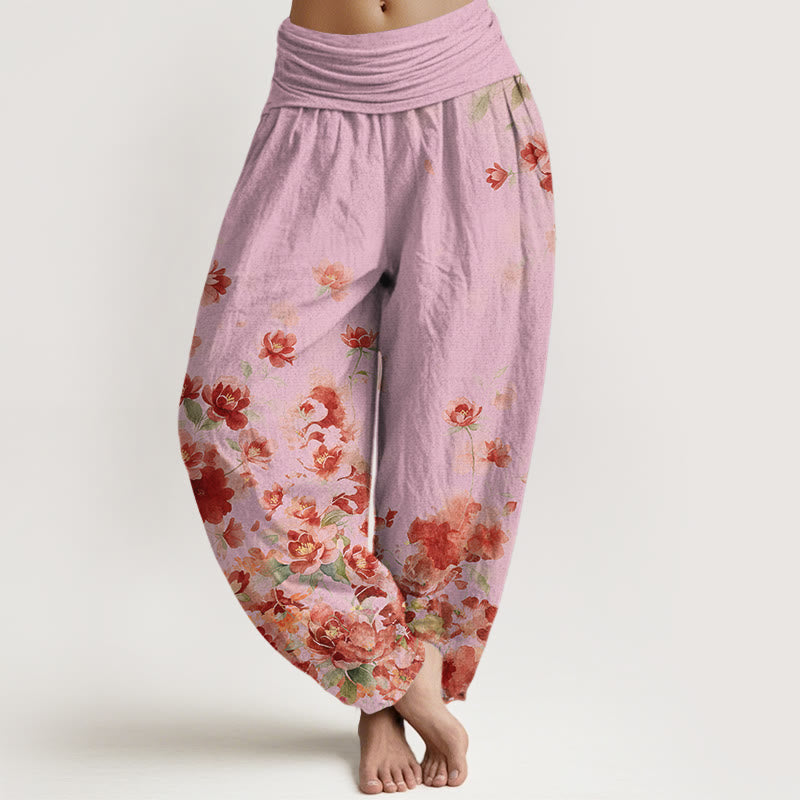 Buddha Stones Pantaloni harem da donna in cotone con motivo a fiori di camelia e peonia e vita elasticizzata. - Rosa chiaro - US16, UK/AU20, EU48 (3XL) - image 8