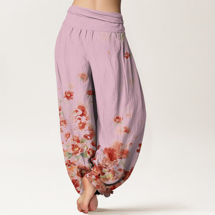 Buddha Stones Pantaloni harem da donna in cotone con motivo a fiori di camelia e peonia e vita elasticizzata. - image 9