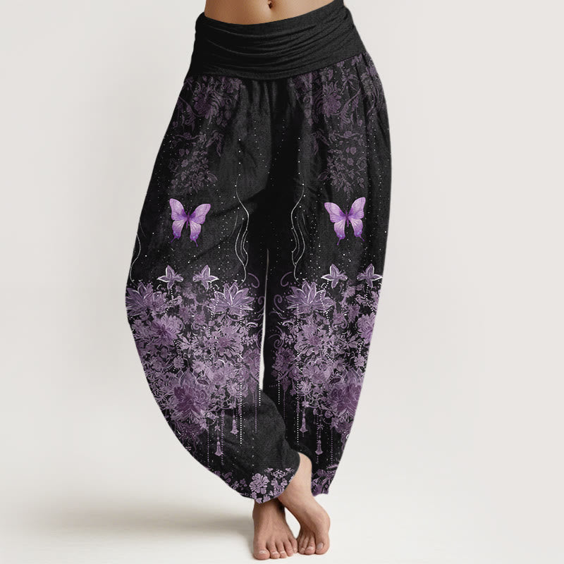 Buddha Stones Pantaloni harem da donna in cotone con motivo floreale e farfalle, con elastico in vita. - Nero - US16, UK/AU20, EU48 (3XL) - image 0