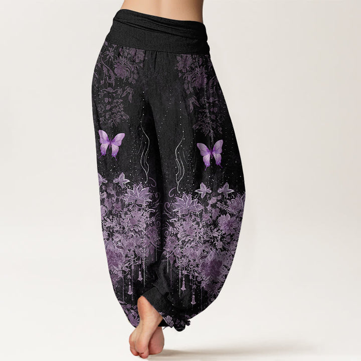Buddha Stones Pantaloni harem da donna in cotone con motivo floreale e farfalle, con elastico in vita. - image 1