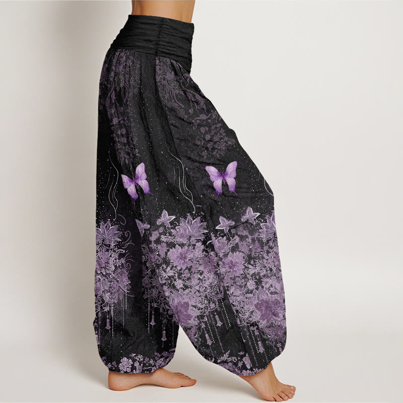 Buddha Stones Pantaloni harem da donna in cotone con motivo floreale e farfalle, con elastico in vita. - image 2