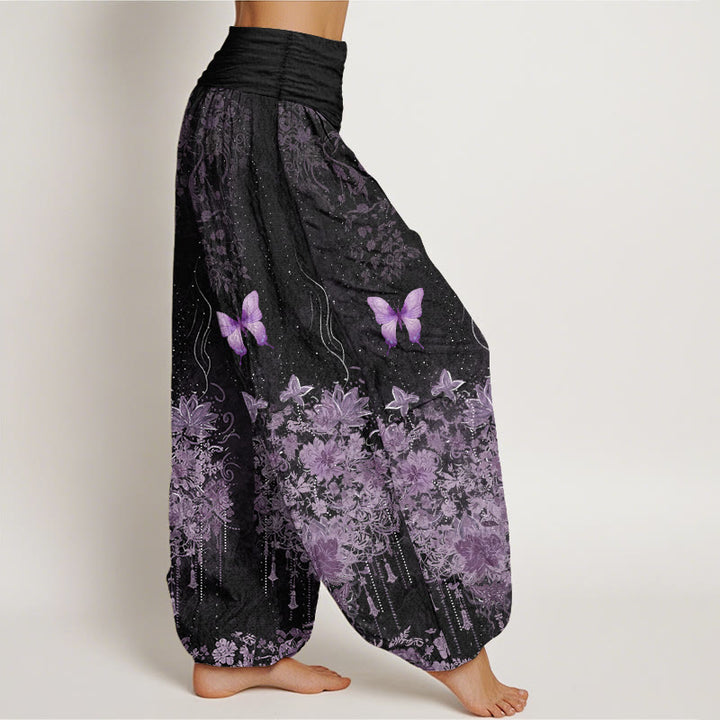 Buddha Stones Pantaloni harem da donna in cotone con motivo floreale e farfalle, con elastico in vita. - image 2