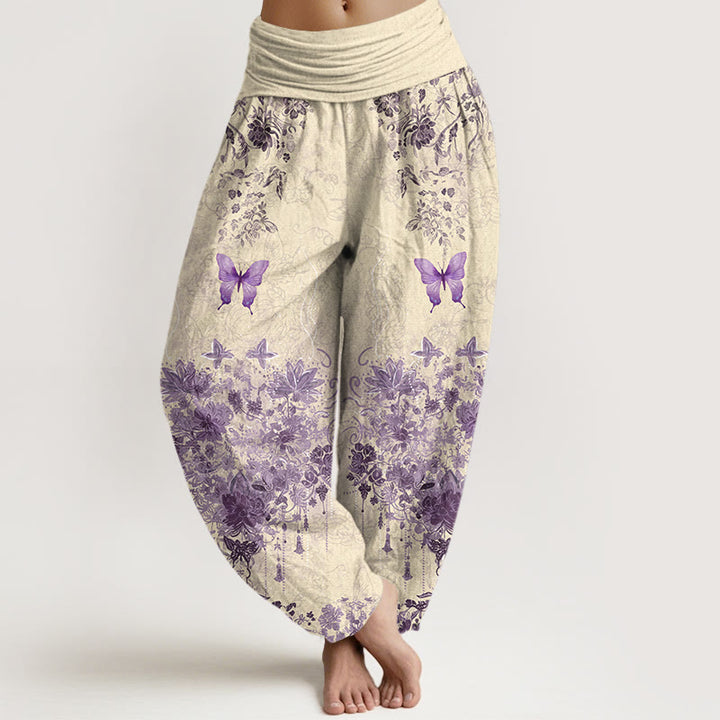 Buddha Stones Pantaloni harem da donna in cotone con motivo floreale e farfalle, con elastico in vita. - Beige - US16, UK/AU20, EU48 (3XL) - image 5