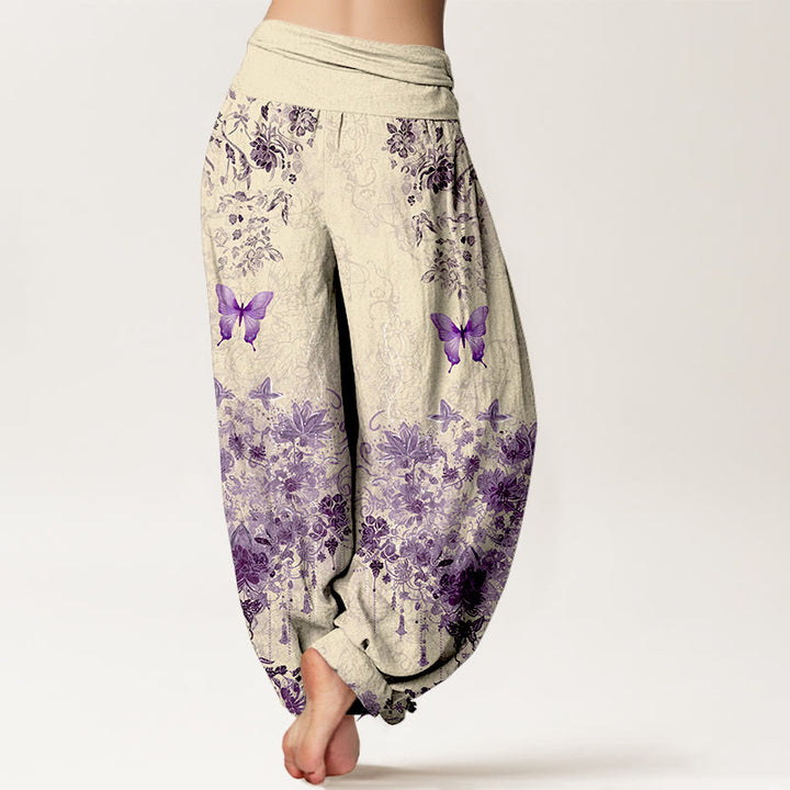 Buddha Stones Pantaloni harem da donna in cotone con motivo floreale e farfalle, con elastico in vita. - image 6