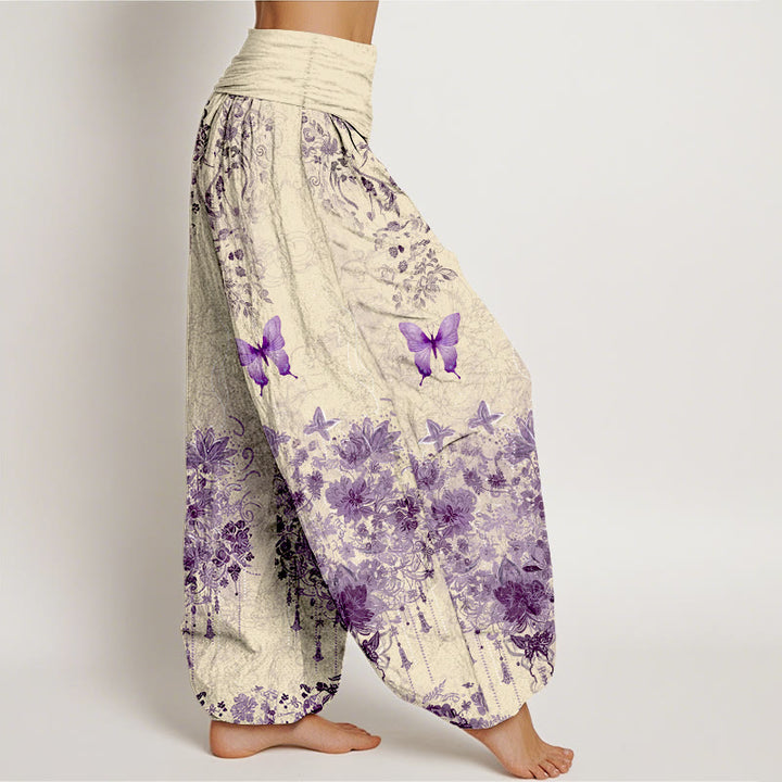 Buddha Stones Pantaloni harem da donna in cotone con motivo floreale e farfalle, con elastico in vita. - image 7