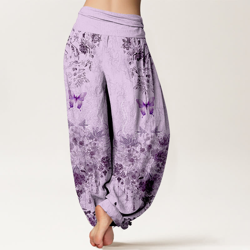 Buddha Stones Pantaloni harem da donna in cotone con motivo floreale e farfalle, con elastico in vita. - image 9