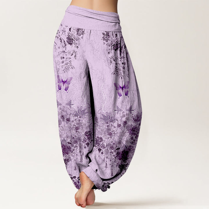 Buddha Stones Pantaloni harem da donna in cotone con motivo floreale e farfalle, con elastico in vita. - image 9