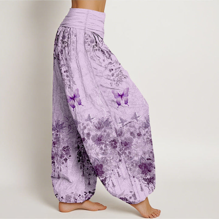Buddha Stones Pantaloni harem da donna in cotone con motivo floreale e farfalle, con elastico in vita. - image 10