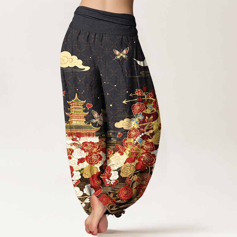 Buddha Stones Pantaloni harem da donna in cotone con motivo farfalle, rose, pagoda e cuori, con elastico in vita. - image 1