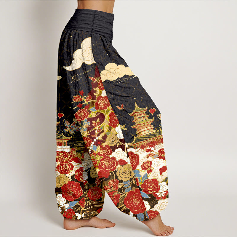 Buddha Stones Pantaloni harem da donna in cotone con motivo farfalle, rose, pagoda e cuori, con elastico in vita. - image 2