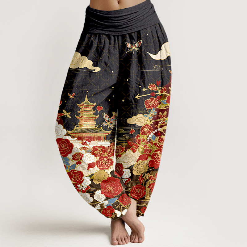 Buddha Stones Pantaloni harem da donna in cotone con motivo farfalle, rose, pagoda e cuori, con elastico in vita. - Nero - US16, UK/AU20, EU48 (3XL) - image 0