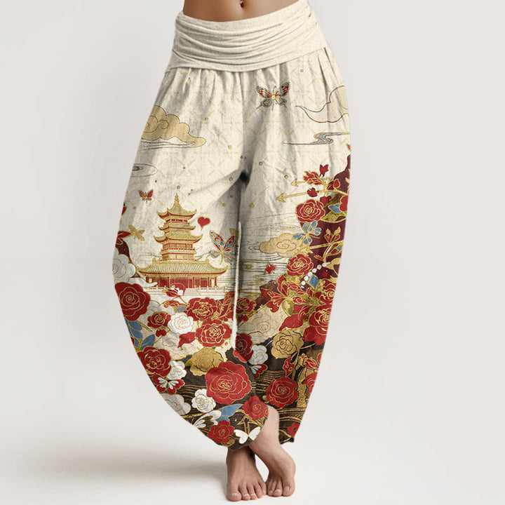 Buddha Stones Pantaloni harem da donna in cotone con motivo farfalle, rose, pagoda e cuori, con elastico in vita. - Beige - US16, UK/AU20, EU48 (3XL) - image 5