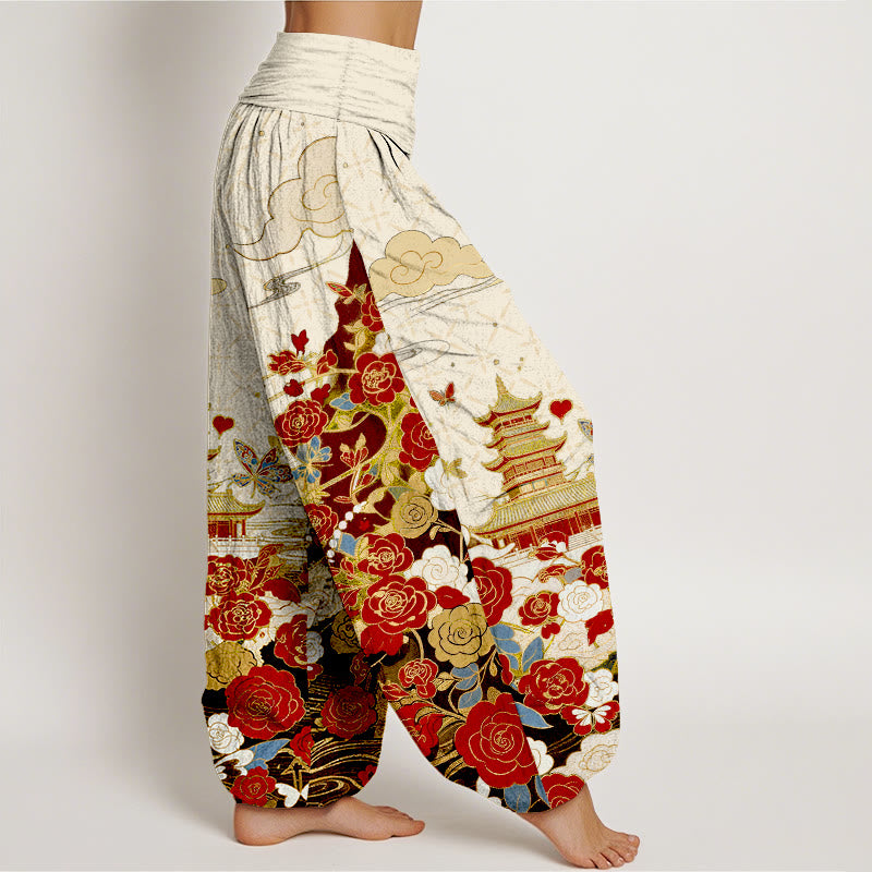 Buddha Stones Pantaloni harem da donna in cotone con motivo farfalle, rose, pagoda e cuori, con elastico in vita. - image 7