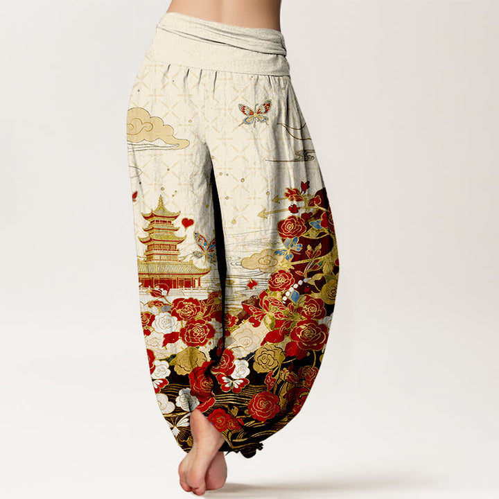 Buddha Stones Pantaloni harem da donna in cotone con motivo farfalle, rose, pagoda e cuori, con elastico in vita. - image 6