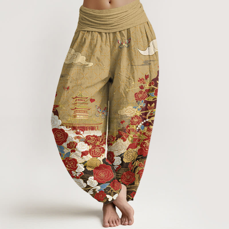 Buddha Stones Pantaloni harem da donna in cotone con motivo farfalle, rose, pagoda e cuori, con elastico in vita. - Cachi scuro - US16, UK/AU20, EU48 (3XL) - image 8
