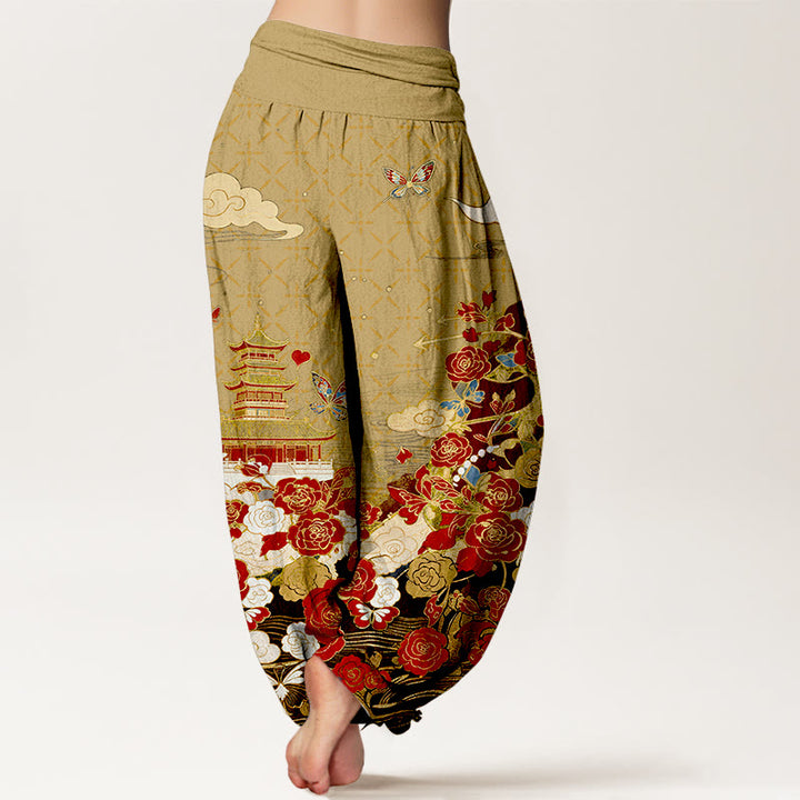 Buddha Stones Pantaloni harem da donna in cotone con motivo farfalle, rose, pagoda e cuori, con elastico in vita. - image 9
