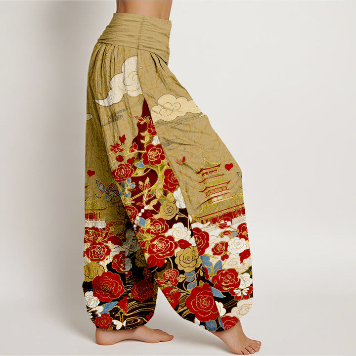 Buddha Stones Pantaloni harem da donna in cotone con motivo farfalle, rose, pagoda e cuori, con elastico in vita. - image 10
