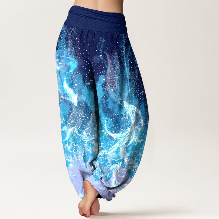 Buddha Stones Pantaloni harem da donna in cotone con motivo a carpe koi e vita elasticizzata. - image 1