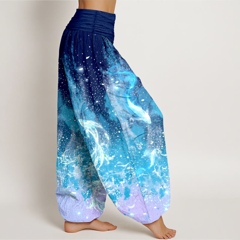 Buddha Stones Pantaloni harem da donna in cotone con motivo a carpe koi e vita elasticizzata. - image 2