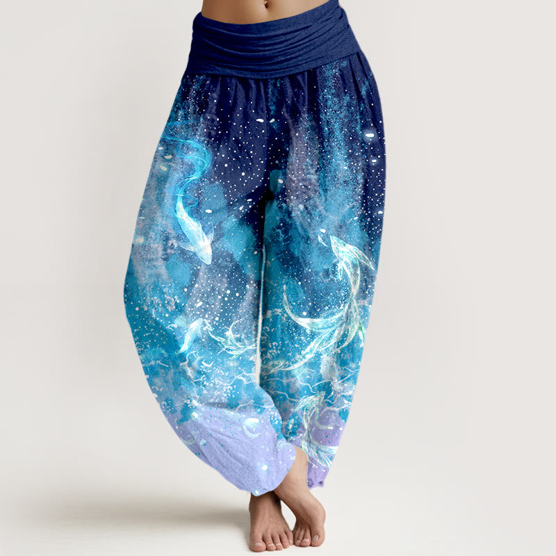 Buddha Stones Pantaloni harem da donna in cotone con motivo a carpe koi e vita elasticizzata. - Blu scuro - US16, UK/AU20, EU48 (3XL) - image 0