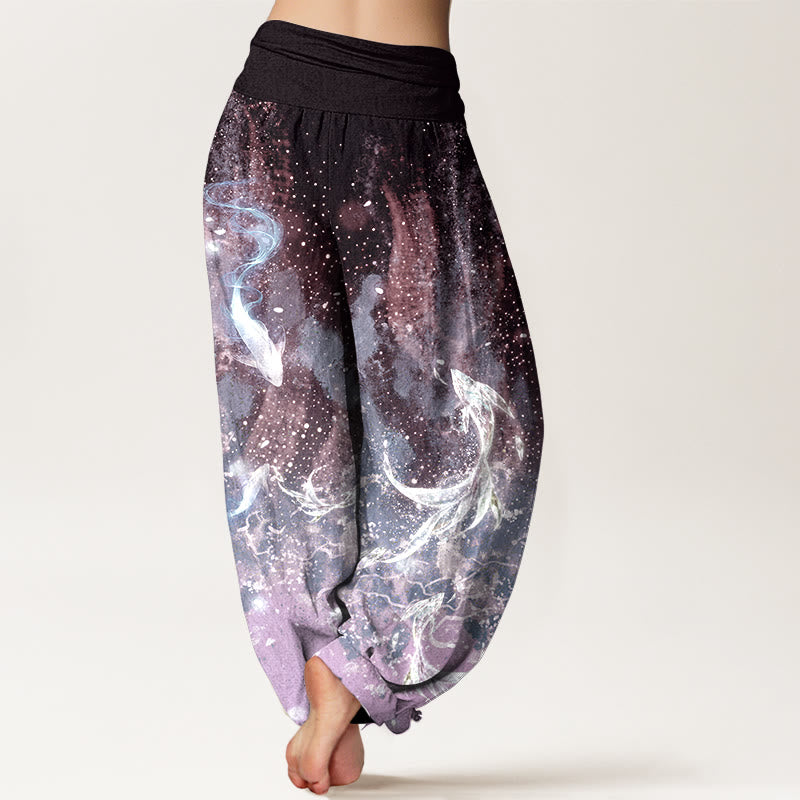 Buddha Stones Pantaloni harem da donna in cotone con motivo a carpe koi e vita elasticizzata. - image 6
