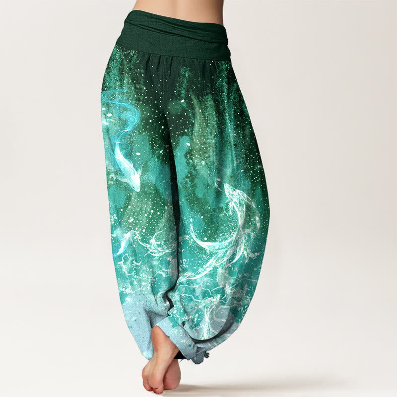 Buddha Stones Pantaloni harem da donna in cotone con motivo a carpe koi e vita elasticizzata. - image 9