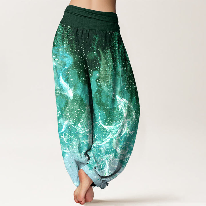 Buddha Stones Pantaloni harem da donna in cotone con motivo a carpe koi e vita elasticizzata. - image 9