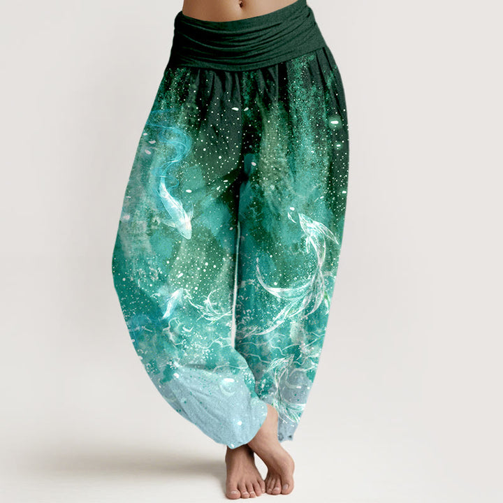 Buddha Stones Pantaloni harem da donna in cotone con motivo a carpe koi e vita elasticizzata. - Verde studentesco - US16, UK/AU20, EU48 (3XL) - image 8