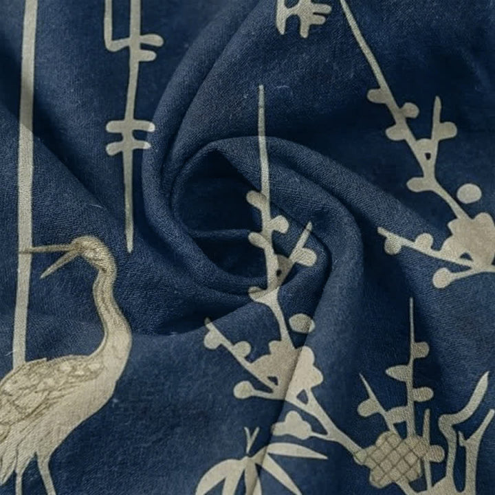 Buddha Stones Camicia da uomo a maniche corte con mezza abbottonatura, in cotone, con motivo floreale di gru e bambù. - image 4